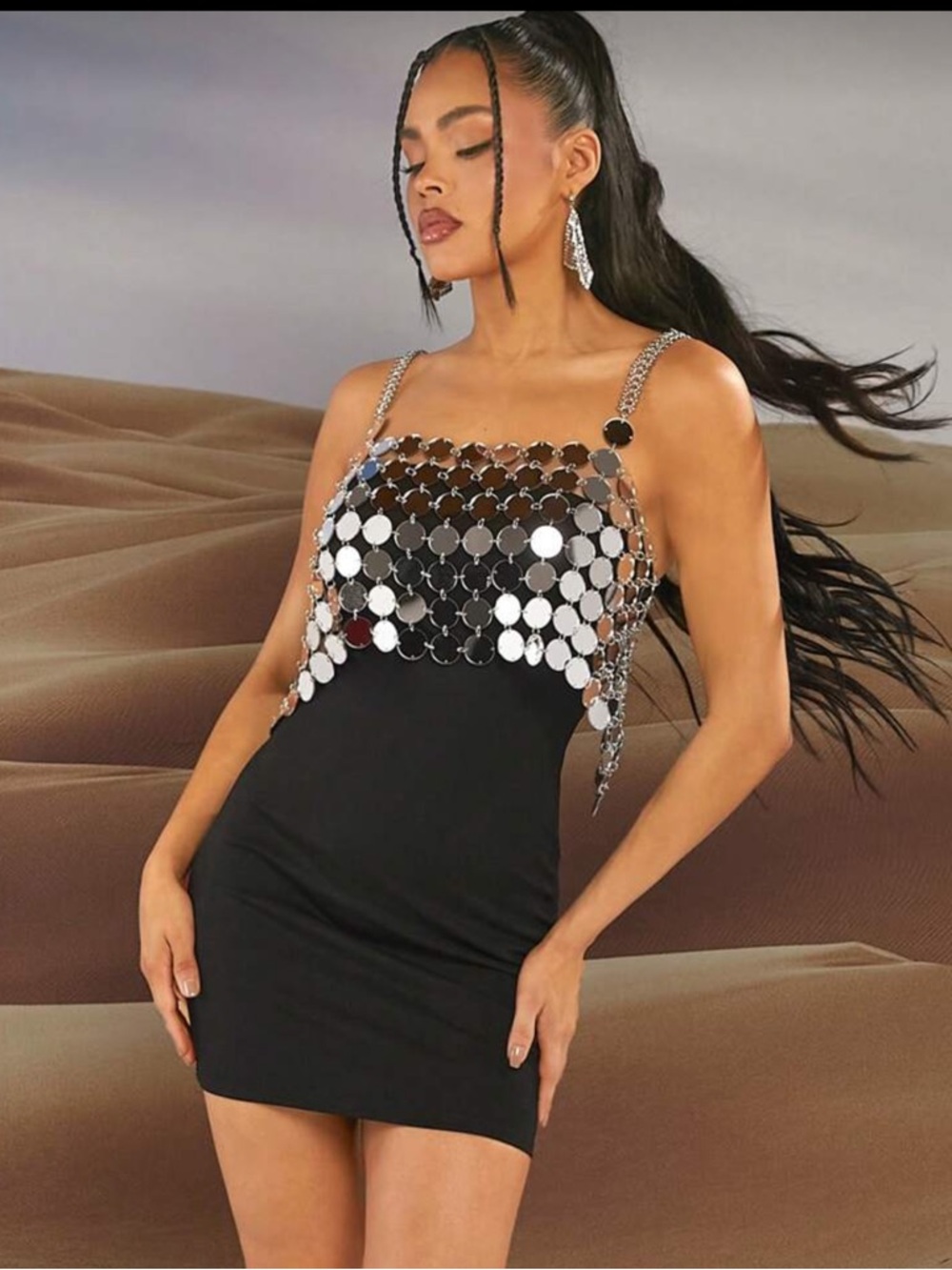 Metallic Silver-Chain Accent Black Mini Dress